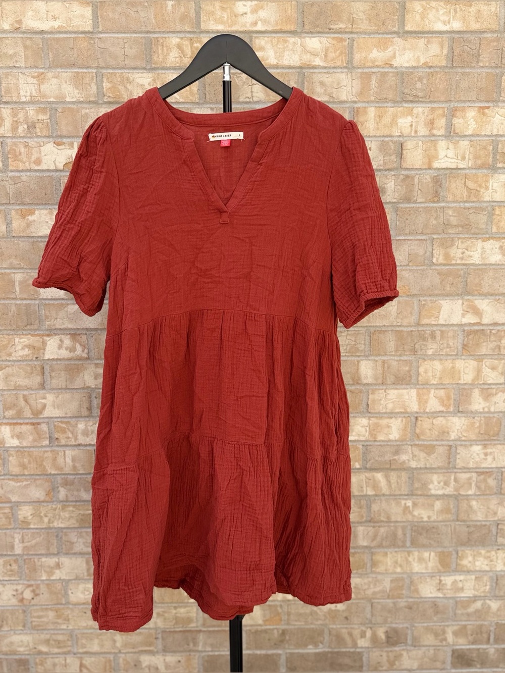 Marine Layer Jamie Short Sleeve Mini Dress Red Cotton Gauze Size Large